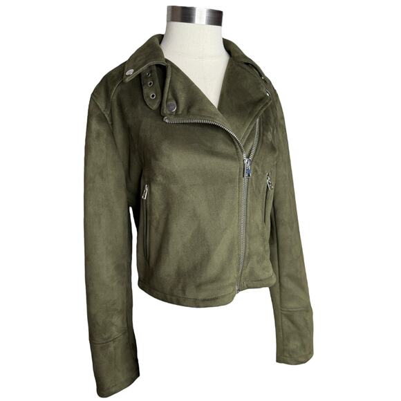 Topshop Faux Suede Moto Jacket Lux Olive Green With Silver Hardware Size 6 - Picture 8 of 8